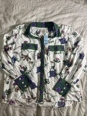 LOFT White Floral Button-Front Blouse with Green Trim & Purple Accents size SP